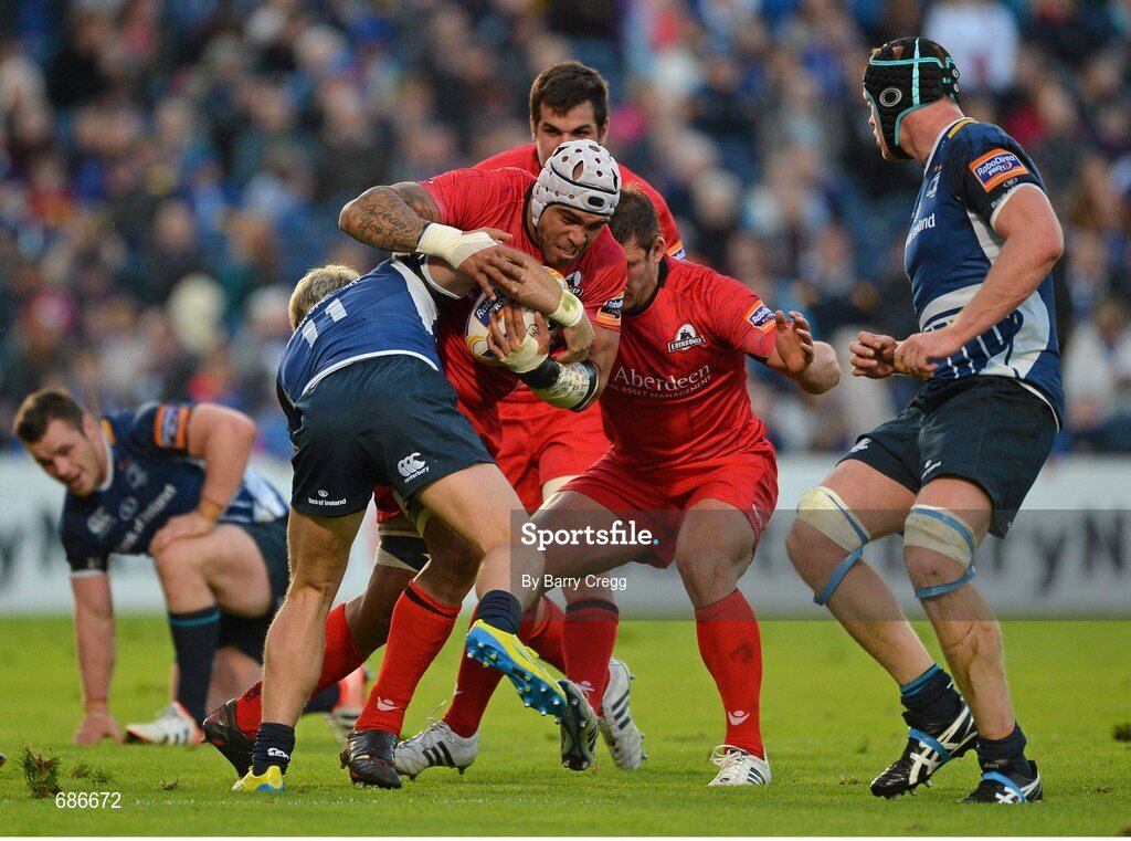 22 September 2012; Netani Talei, Edinburgh, is tackled by Fionn Carr, Leinster. Celtic League 2012/13, Round 4, Leinster v Edinburgh, RDS, Ballsbridge, Dublin. Picture credit: Barry Cregg / SPORTSFILE
