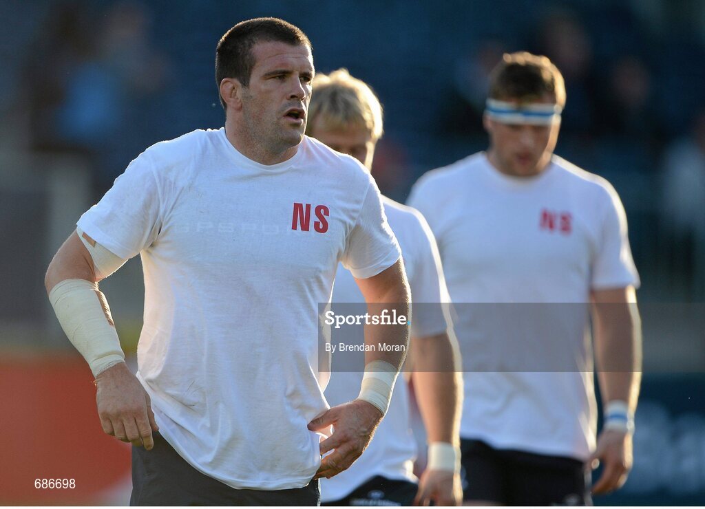 22 September 2012; Leinster's Shane Jennings leaves the pitch after the warm-up before the game wearing a tshirt with the initials NS in memory of the late Nevin Spence who played for Ulster. Celtic League 2012/13, Round 4, Leinster v Edinburgh, RDS, Ballsbridge, Dublin. Picture credit: Brendan Moran / SPORTSFILE