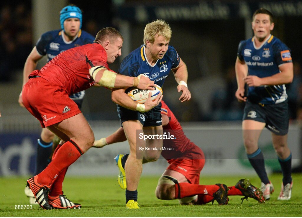 22 September 2012; Fionn Carr, Leinster, is tackled by John Yapp, Edinburgh. Celtic League 2012/13, Round 4, Leinster v Edinburgh, RDS, Ballsbridge, Dublin. Picture credit: Brendan Moran / SPORTSFILE