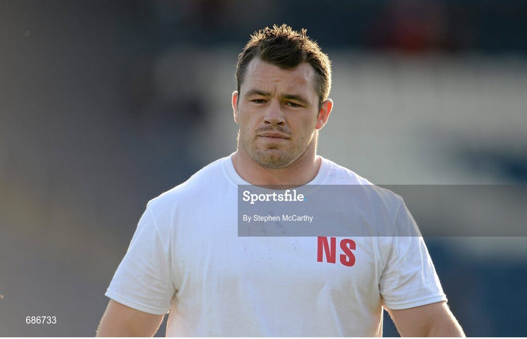22 September 2012; Cian Healy, Leinster, during the warm-up before the game wearing a t-shirt with the initials NS in memory of the late Nevin Spence who played for Ulster. Celtic League 2012/13, Round 4, Leinster v Edinburgh, RDS, Ballsbridge, Dublin. Picture credit: Stephen McCarthy / SPORTSFILE
