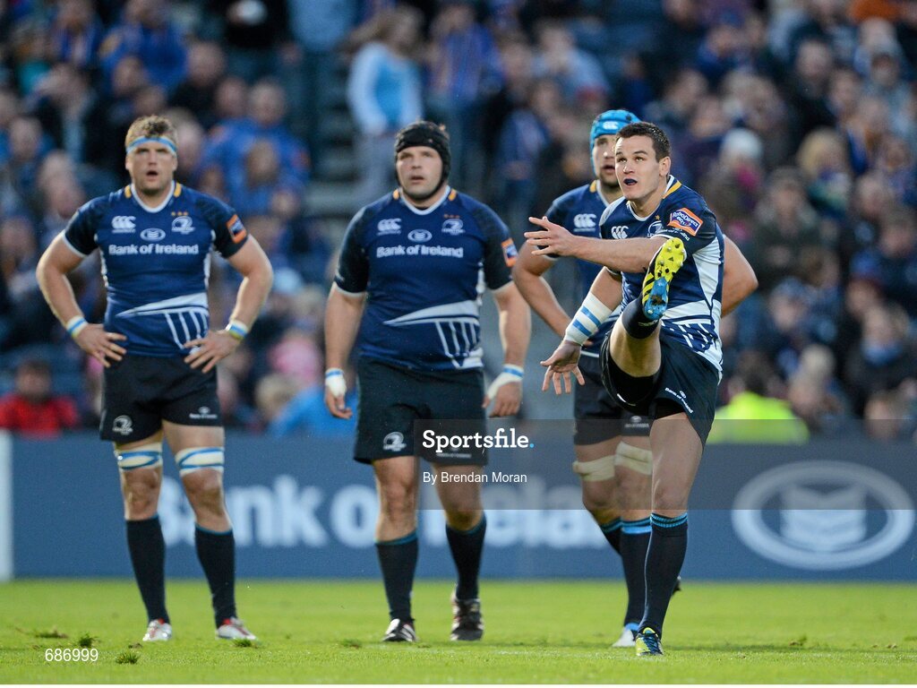 22 September 2012; Jonathan Sexton, Leinster, kicks for touch, watched by team-mates Jamie Heaslip, Mike Ross and Kevin McLaughlin. Celtic League 2012/13, Round 4, Leinster v Edinburgh, RDS, Ballsbridge, Dublin. Picture credit: Brendan Moran / SPORTSFILE
