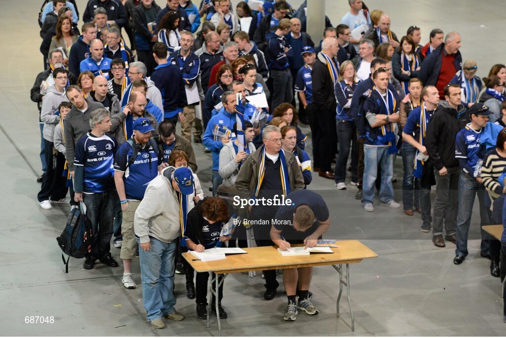 22 September 2012; Leinster supporters queue to sign a book of condolences in memory of the late Ulster Rugby player Nevin Spence. Celtic League 2012/13, Round 4, Leinster v Edinburgh, RDS, Ballsbridge, Dublin. Picture credit: Brendan Moran / SPORTSFILE