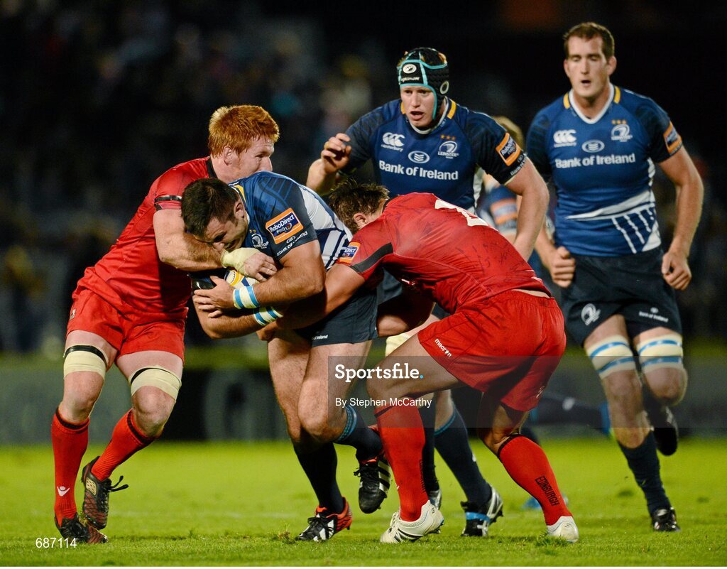 22 September 2012; Jamie Hagan, Leinster, is tackled by Roddy Grant, left, and Ross Ford, Edinburgh. Celtic League 2012/13, Round 4, Leinster v Edinburgh, RDS, Ballsbridge, Dublin. Picture credit: Stephen McCarthy / SPORTSFILE