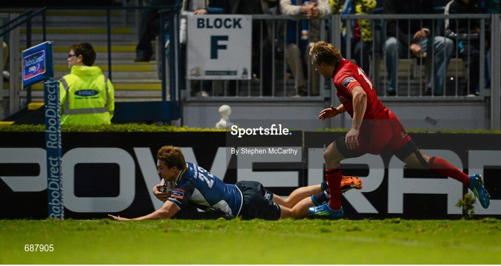 22 September 2012; Brendan Macken, Leinster, goes over for his side's second try. Celtic League 2012/13, Round 4, Leinster v Edinburgh, RDS, Ballsbridge, Dublin. Picture credit: Stephen McCarthy / SPORTSFILE