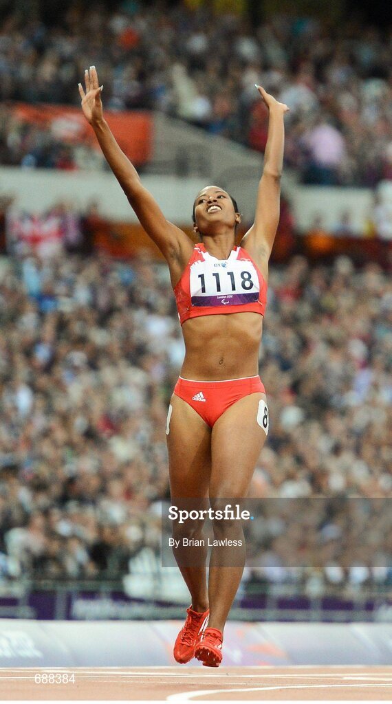 3 September 2012; Omara Durand, Cuba, celebrates winning the Women's 400m - T13 in a Paralympic record time of 55.12 seconds. London 2012 Paralympic Games, Athletics, Olympic Stadium, Olympic Park, Stratford, London, England. Picture credit: Brian Lawless / SPORTSFILE