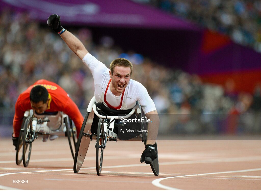 3 September 2012; Mickey Bushell, Great Britain, celebrates winning the Men's 100m - T53 in a Paralympic record time of 14.75 seconds. London 2012 Paralympic Games, Athletics, Olympic Stadium, Olympic Park, Stratford, London, England. Picture credit: Brian Lawless / SPORTSFILE