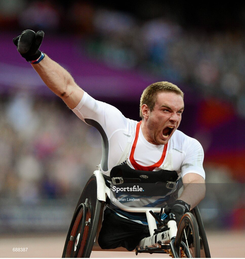 3 September 2012; Mickey Bushell, Great Britain, celebrates winning the Men's 100m - T53 in a Paralympic record time of 14.75 seconds. London 2012 Paralympic Games, Athletics, Olympic Stadium, Olympic Park, Stratford, London, England. Picture credit: Brian Lawless / SPORTSFILE