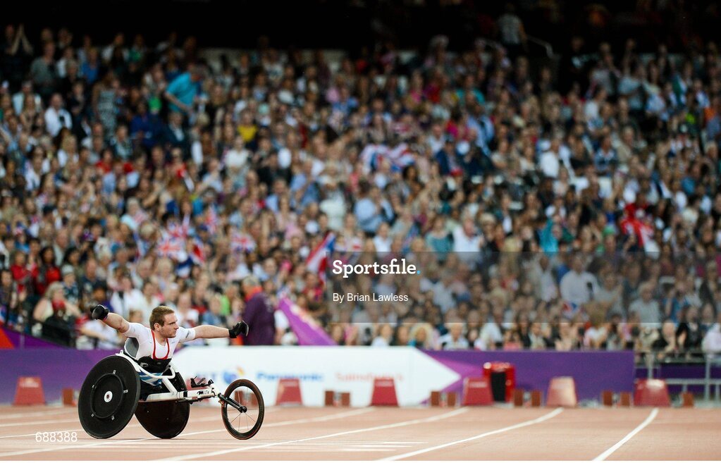 3 September 2012; Mickey Bushell, Great Britain, celebrates winning the Men's 100m - T53 in a Paralympic record time of 14.75 seconds. London 2012 Paralympic Games, Athletics, Olympic Stadium, Olympic Park, Stratford, London, England. Picture credit: Brian Lawless / SPORTSFILE