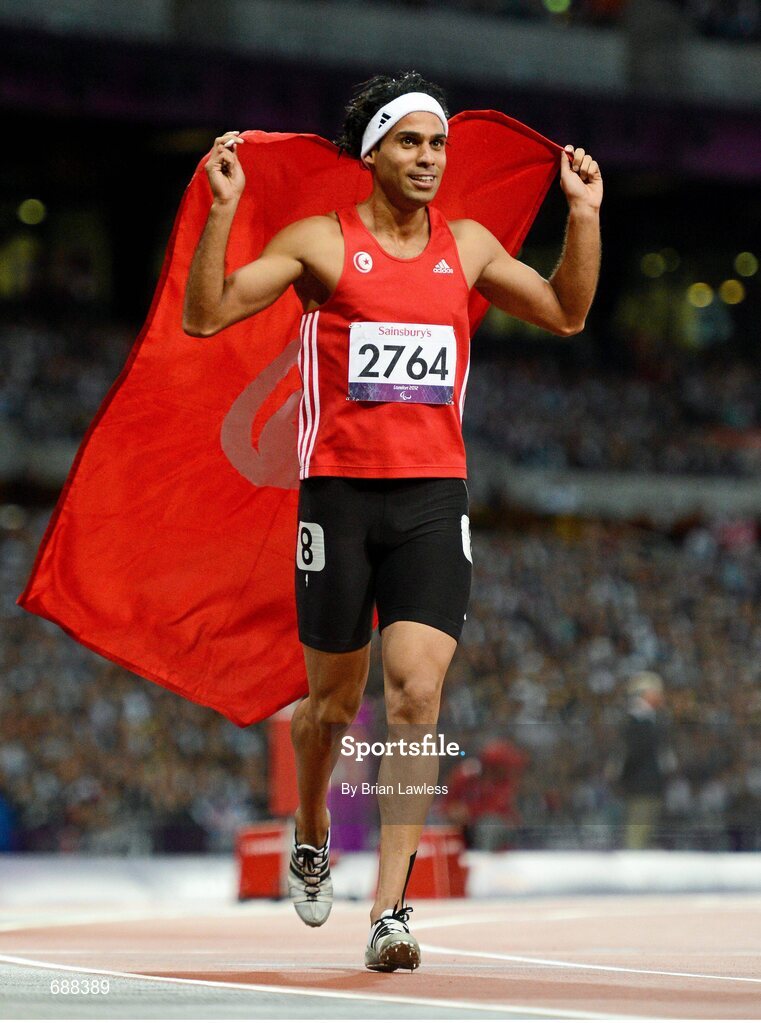 3 September 2012; Mohamed Farhat Chida, Tunisia, celebrates winning the Men's 400m - T38. London 2012 Paralympic Games, Athletics, Olympic Stadium, Olympic Park, Stratford, London, England. Picture credit: Brian Lawless / SPORTSFILE