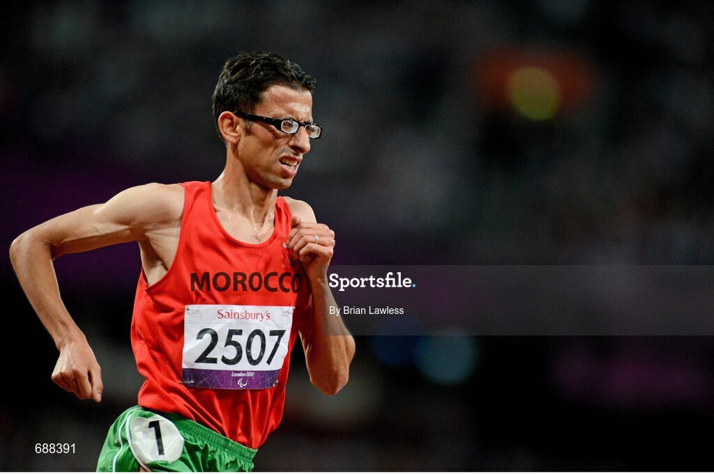 3 September 2012; Amin El Chentouf, Morroco, on his way to winning the Men's 5000m - T12 in a World record time of 13:53.76. London 2012 Paralympic Games, Athletics, Olympic Stadium, Olympic Park, Stratford, London, England. Picture credit: Brian Lawless / SPORTSFILE