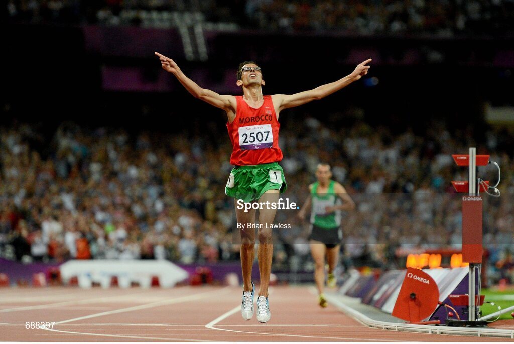 3 September 2012; Amin El Chentouf, Morroco, celebrates winning the Men's 5000m - T12 in a World record time of 13:53.76. London 2012 Paralympic Games, Athletics, Olympic Stadium, Olympic Park, Stratford, London, England. Picture credit: Brian Lawless / SPORTSFILE