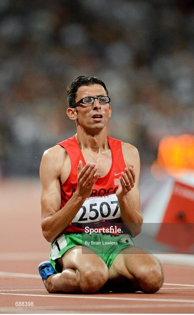3 September 2012; Amin El Chentouf, Morroco, celebrates winning the Men's 5000m - T12 in a World record time of 13:53.76. London 2012 Paralympic Games, Athletics, Olympic Stadium, Olympic Park, Stratford, London, England. Picture credit: Brian Lawless / SPORTSFILE