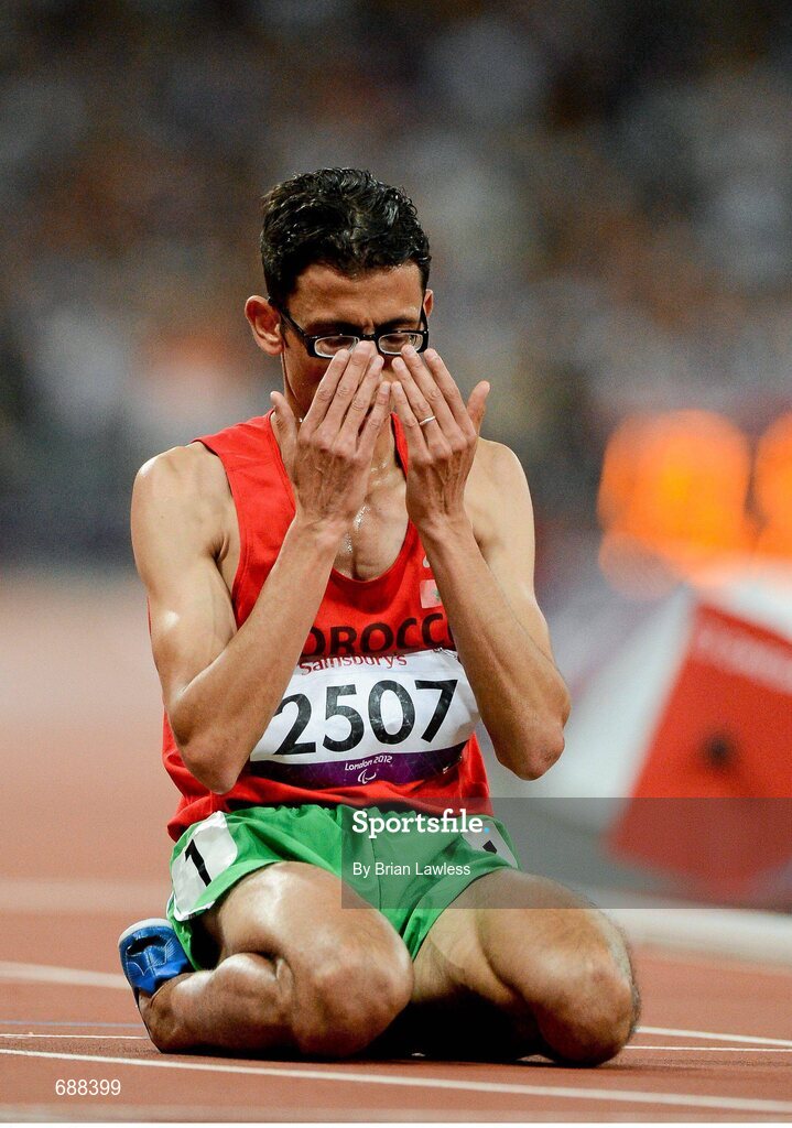 3 September 2012; Amin El Chentouf, Morroco, celebrates winning the Men's 5000m - T12 in a World record time of 13:53.76. London 2012 Paralympic Games, Athletics, Olympic Stadium, Olympic Park, Stratford, London, England. Picture credit: Brian Lawless / SPORTSFILE