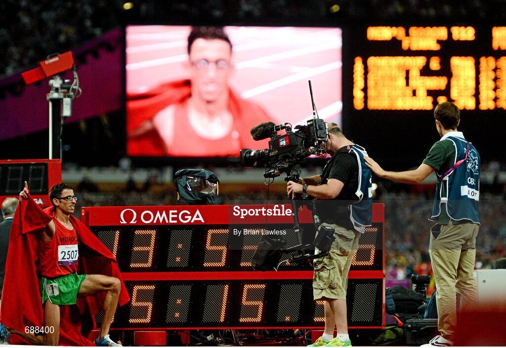 3 September 2012; Amin El Chentouf, Morroco, celebrates winning the Men's 5000m - T12 in a World record time of 13:53.76. London 2012 Paralympic Games, Athletics, Olympic Stadium, Olympic Park, Stratford, London, England. Picture credit: Brian Lawless / SPORTSFILE