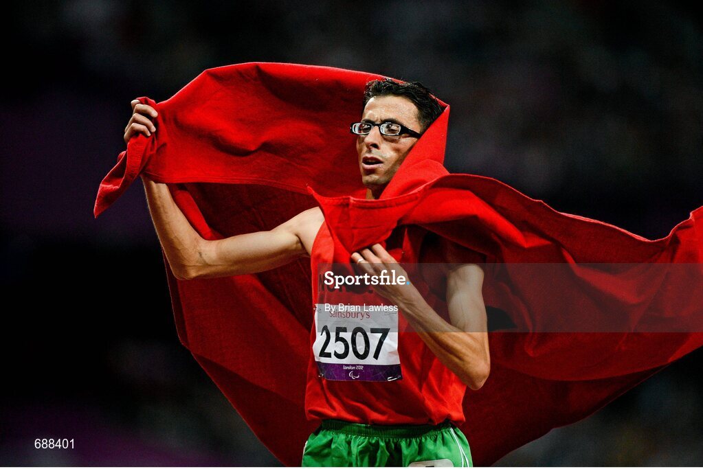 3 September 2012; Amin El Chentouf, Morroco, celebrates winning the Men's 5000m - T12 in a World record time of 13:53.76. London 2012 Paralympic Games, Athletics, Olympic Stadium, Olympic Park, Stratford, London, England. Picture credit: Brian Lawless / SPORTSFILE
