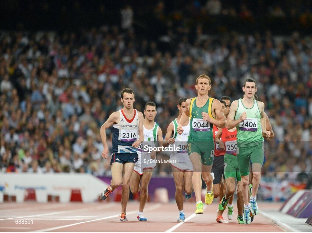 3 September 2012; Ireland's Michael McKillop, from Newtownabbey, Co. Antrim, right, leads the field on his way to winning the men's 1500m - T37 final in a time of 4.08:11. London 2012 Paralympic Games, Athletics, Olympic Stadium, Olympic Park, Stratford, London, England. Picture credit: Brian Lawless / SPORTSFILE