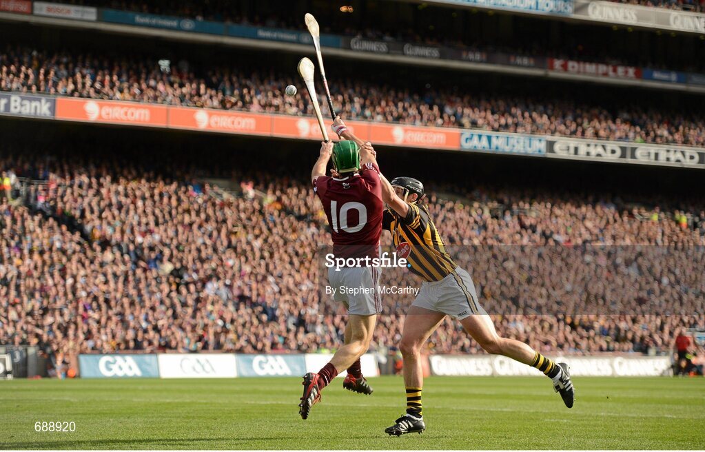 30 September 2012; David Burke, Galway, scores his side's first goal despite the efforts of Jackie Tyrrell, Kilkenny. GAA Hurling All-Ireland Senior Championship Final Replay, Kilkenny v Galway, Croke Park, Dublin. Picture credit: Stephen McCarthy / SPORTSFILE