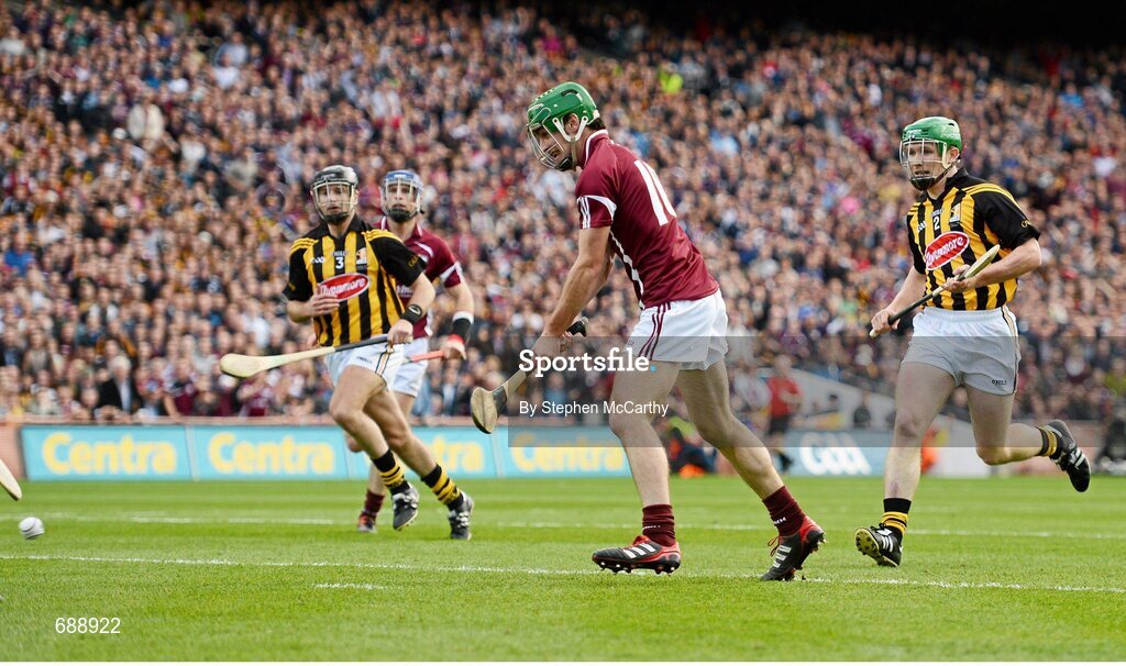 30 September 2012; David Burke, Galway, shoots to scores his side's second goal. GAA Hurling All-Ireland Senior Championship Final Replay, Kilkenny v Galway, Croke Park, Dublin. Picture credit: Stephen McCarthy / SPORTSFILE