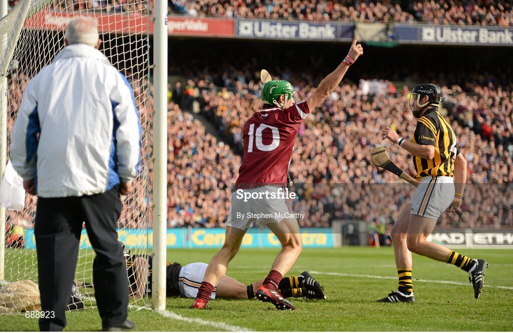 30 September 2012; David Burke, Galway, celebrates after scoring his side's first goal. GAA Hurling All-Ireland Senior Championship Final Replay, Kilkenny v Galway, Croke Park, Dublin. Picture credit: Stephen McCarthy / SPORTSFILE