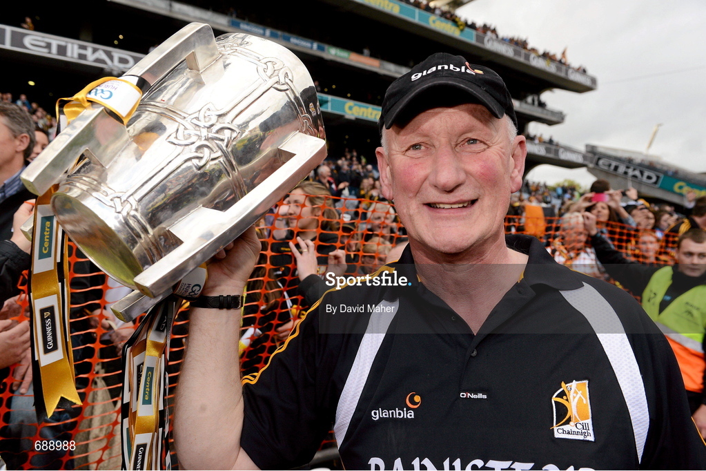 30 September 2012; Brian Cody, Kilkenny manager, celebrates with the Liam MacCarthy cup at the end of the game. GAA Hurling All-Ireland Senior Championship Final Replay, Kilkenny v Galway, Croke Park, Dublin. Picture credit: David Maher / SPORTSFILE