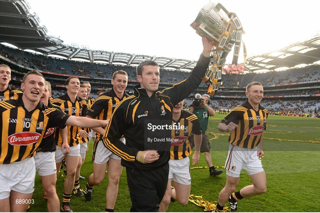 30 September 2012; Michael Rice, Kilkenny celebrates with the Liam MacCarthy Cup along with his team-mates. GAA Hurling All-Ireland Senior Championship Final Replay, Kilkenny v Galway, Croke Park, Dublin. Picture credit: David Maher / SPORTSFILE