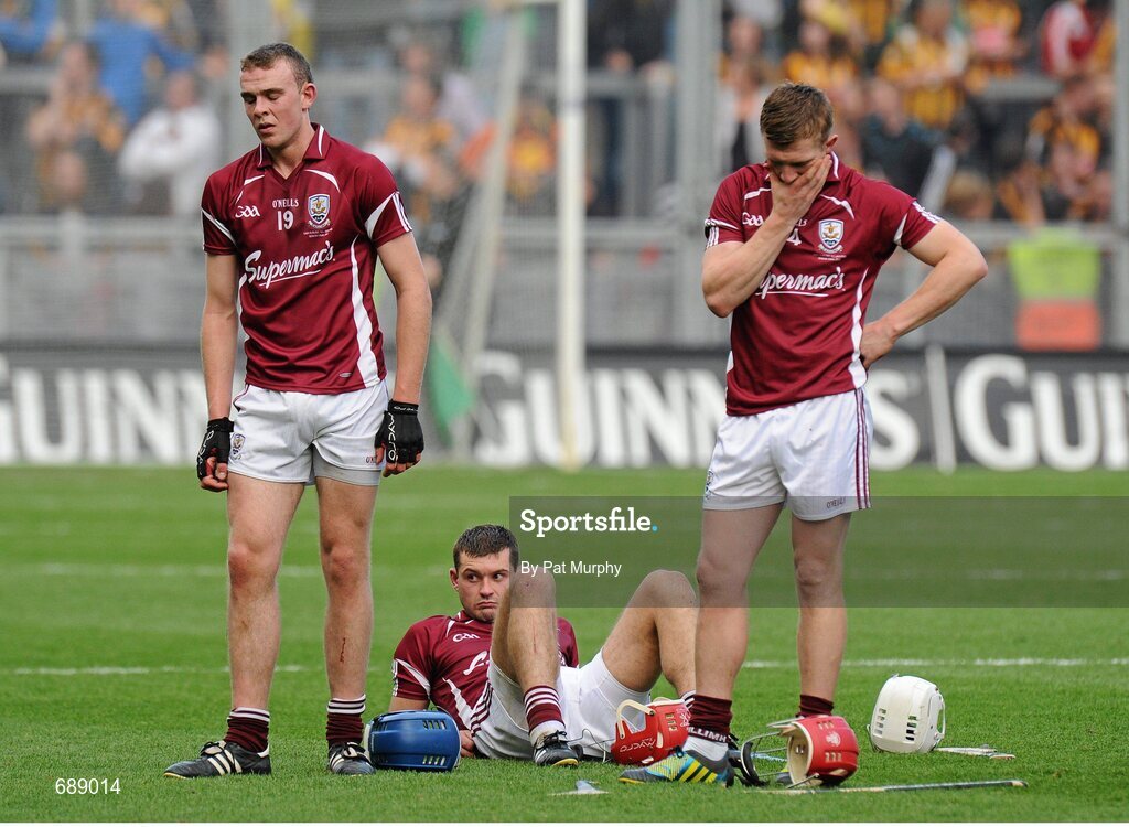 30 September 2012; Galway's Jonathan Glynn, left, Iarla Tannian, centre, and Joe Canning show their disappointment after the game. GAA Hurling All-Ireland Senior Championship Final Replay, Kilkenny v Galway, Croke Park, Dublin. Picture credit: Pat Murphy / SPORTSFILE