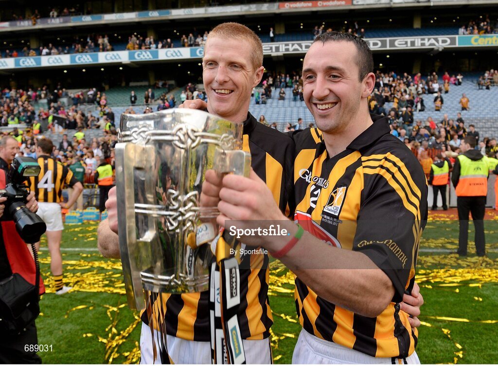 30 September 2012; Kilkenny's Henry Shefflin, left, and captain Eoin Larkin celebrate with the Liam Mac Carthy cup after the game. GAA Hurling All-Ireland Senior Championship Final Replay, Kilkenny v Galway, Croke Park, Dublin. Photo by Sportsfile