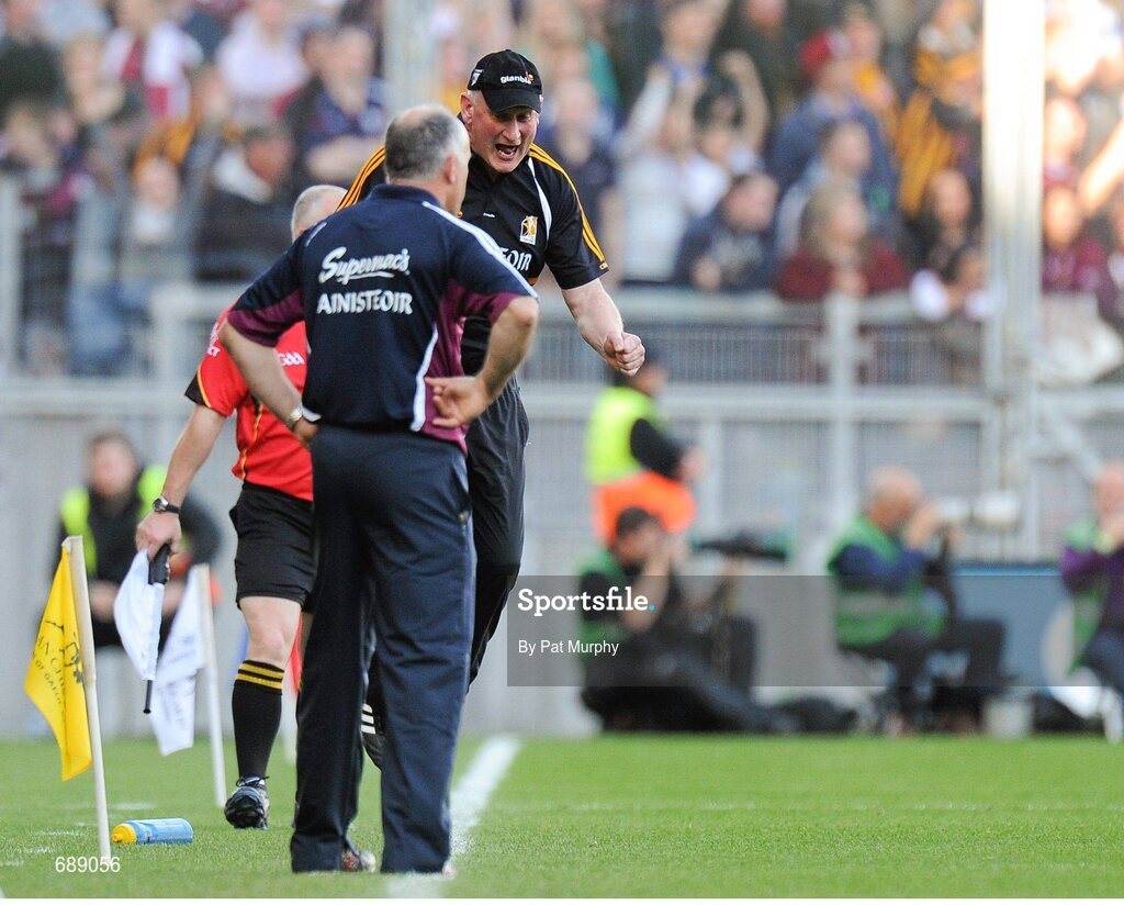 30 September 2012; Kilkenny manager Brian Cody celebrates after Walter Walsh scored his side's second goal of the game as Galway manager Anthony Cunningham, left, looks on. GAA Hurling All-Ireland Senior Championship Final Replay, Kilkenny v Galway, Croke Park, Dublin. Picture credit: Pat Murphy / SPORTSFILE