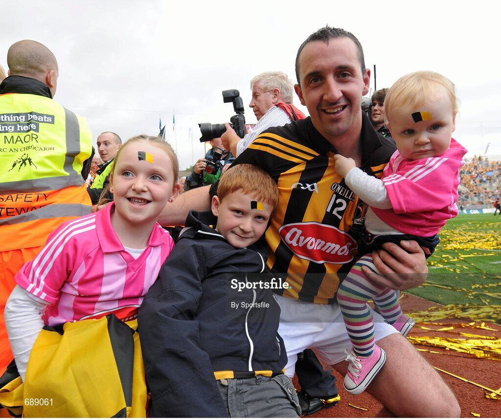 30 September 2012; Kilkenny captain Eoin Larkin celebrates with his children Hollie, left, Mark, and Ellie, after the game. GAA Hurling All-Ireland Senior Championship Final Replay, Kilkenny v Galway, Croke Park, Dublin. Photo by Sportsfile