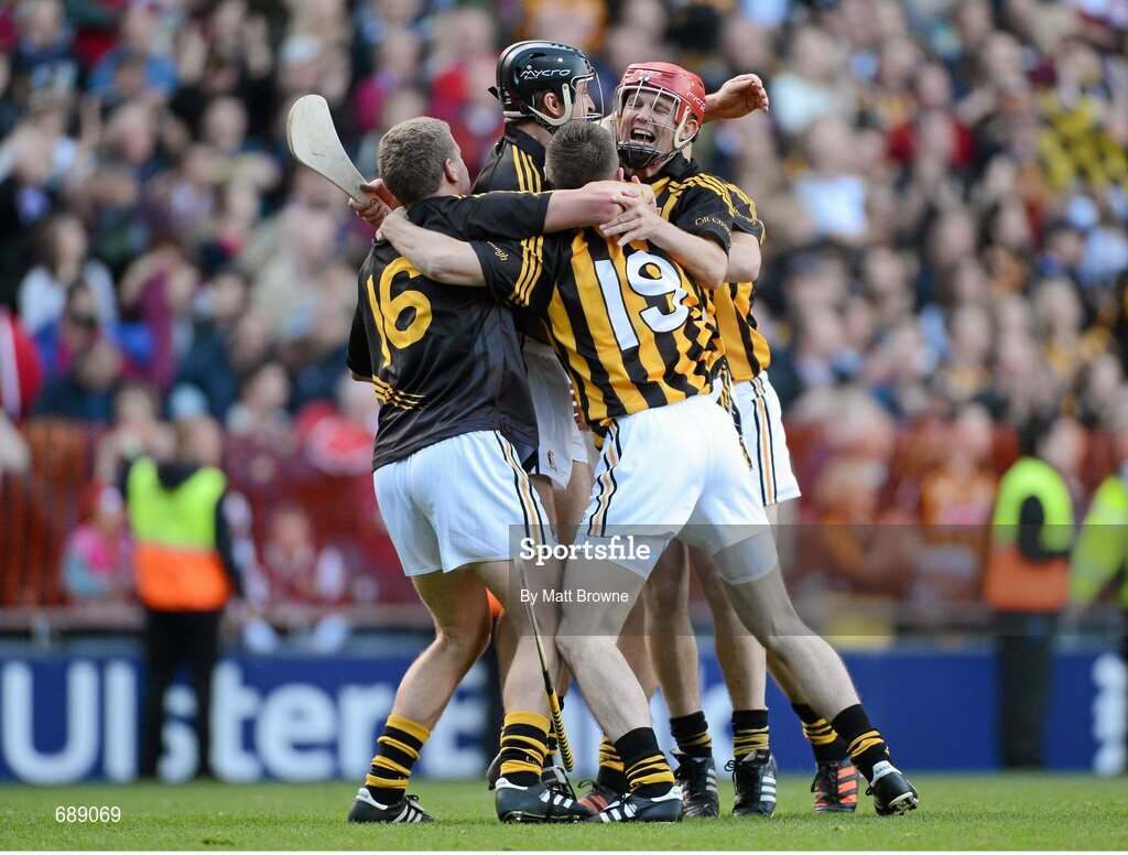 30 September 2012; Kilkenny players, from left to right, Eoin Murphy,16, David Herity, Conor Fogarty,19, and Tommy Walsh celebrate after the final whistle. GAA Hurling All-Ireland Senior Championship Final Replay, Kilkenny v Galway, Croke Park, Dublin. Picture credit: Matt Browne / SPORTSFILE