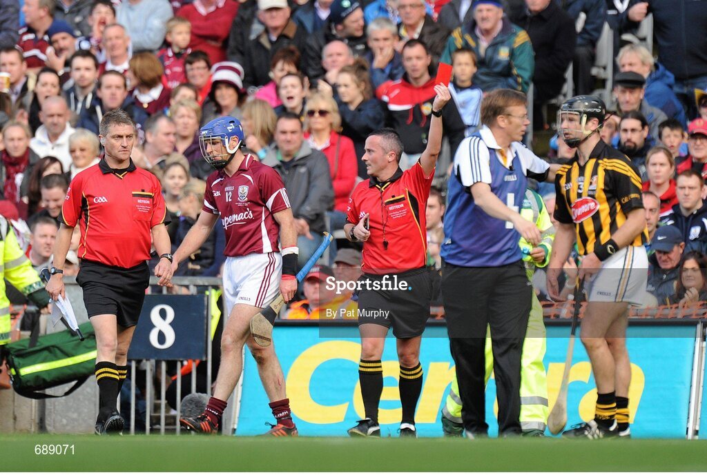 30 September 2012; Cyril Donnellan, Galway, leaves the field as he is shown the red card by referee James McGrath. GAA Hurling All-Ireland Senior Championship Final Replay, Kilkenny v Galway, Croke Park, Dublin. Picture credit: Pat Murphy / SPORTSFILE