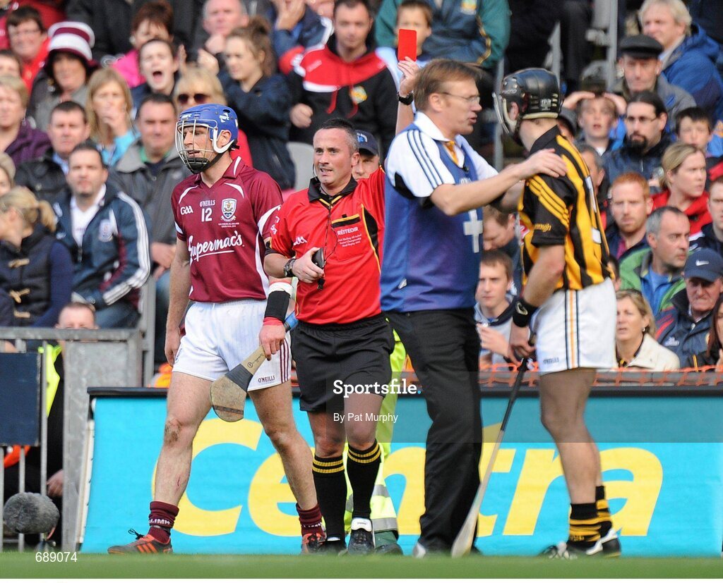 30 September 2012; Cyril Donnellan, Galway, leaves the field as he is shown the red card by referee James McGrath. GAA Hurling All-Ireland Senior Championship Final Replay, Kilkenny v Galway, Croke Park, Dublin. Picture credit: Pat Murphy / SPORTSFILE