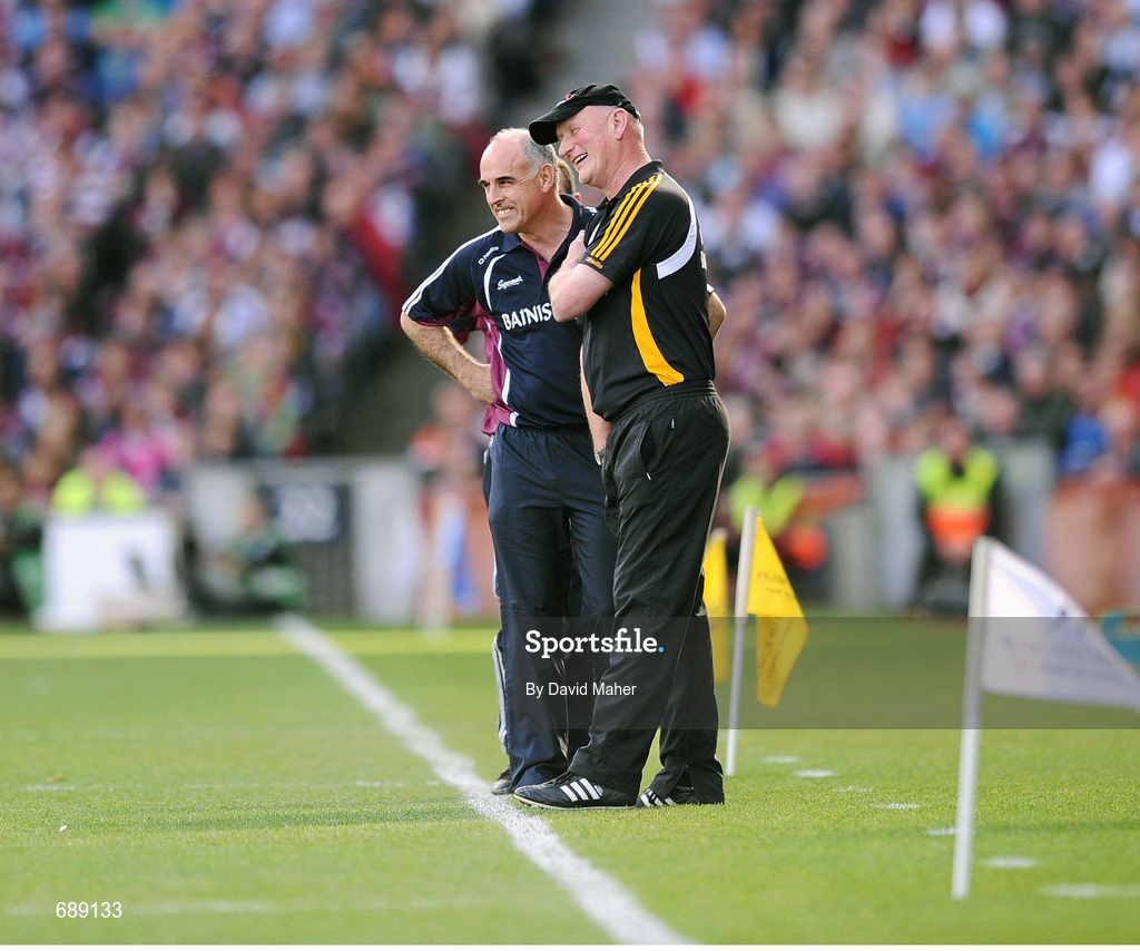 30 September 2012; Anthony Cunningham, left, Galway manager with Brian Cody, Kilkenny manager, during the game. GAA Hurling All-Ireland Senior Championship Final Replay, Kilkenny v Galway, Croke Park, Dublin. Picture credit: David Maher / SPORTSFILE