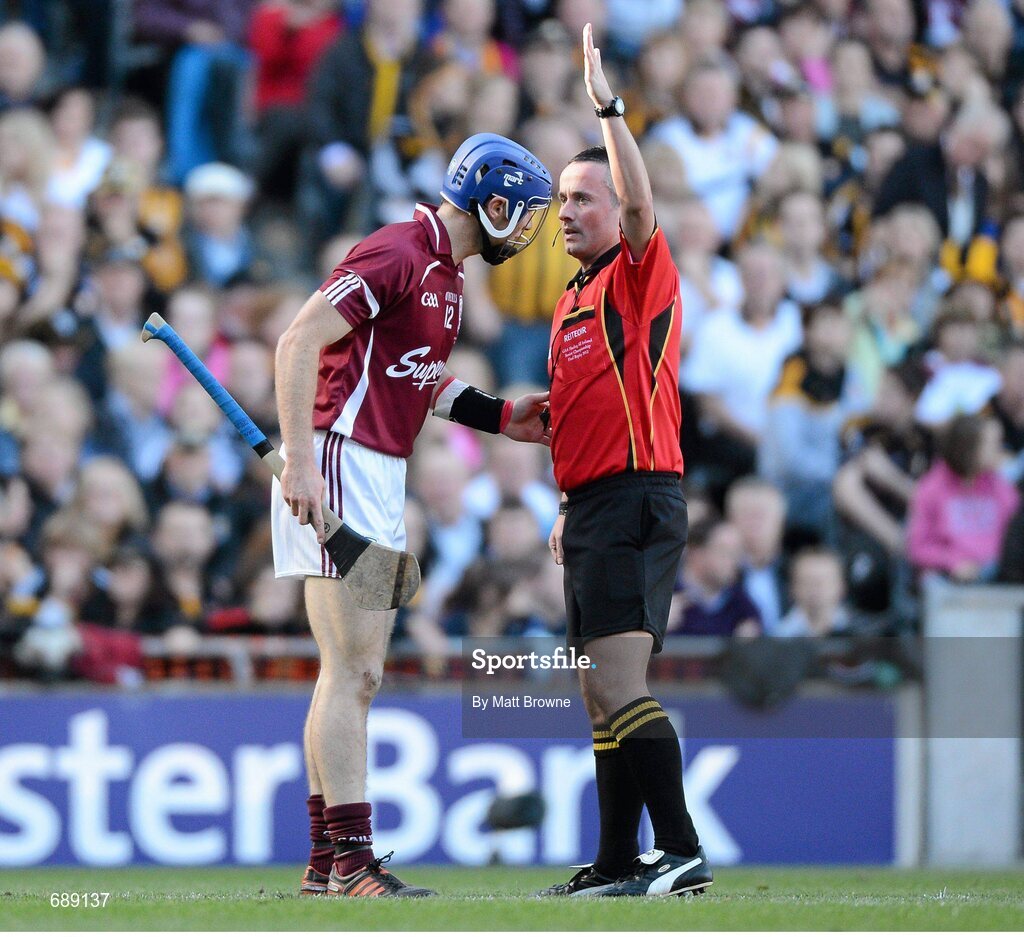 30 September 2012; Referee James McGrath awards a free to Galway after he blew the whistle before Galway's Cyril Donnellan had scored his side's goal. GAA Hurling All-Ireland Senior Championship Final Replay, Kilkenny v Galway, Croke Park, Dublin. Picture credit: Matt Browne / SPORTSFILE