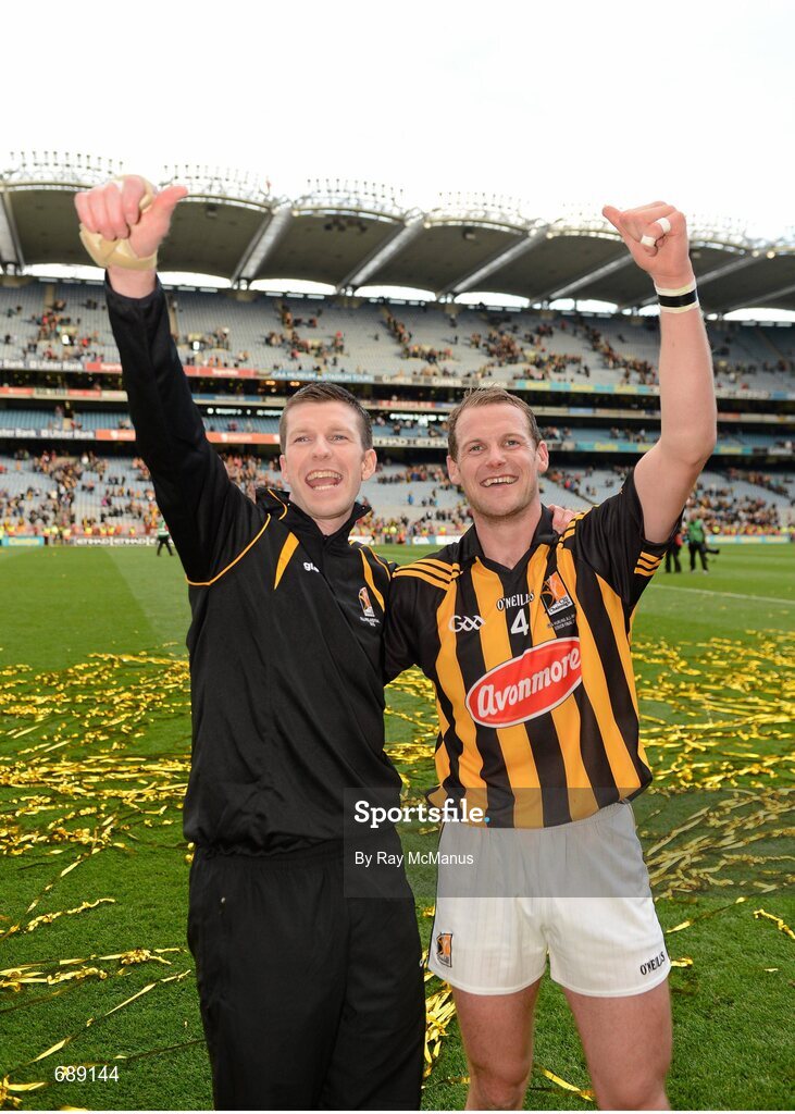 30 September 2012; Kilkenny players Michael Rice, left, and Jackie Tyrrell celebrate after the game. GAA Hurling All-Ireland Senior Championship Final Replay, Kilkenny v Galway, Croke Park, Dublin. Picture credit: Ray McManus / SPORTSFILE