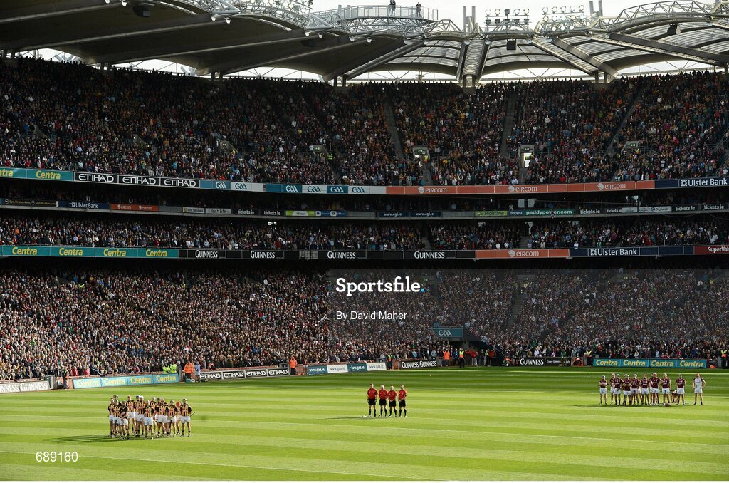 30 September 2012; The Kilkenny and Galway teams stand during the playing of the National Anthem. GAA Hurling All-Ireland Senior Championship Final Replay, Kilkenny v Galway, Croke Park, Dublin. Picture credit: David Maher / SPORTSFILE