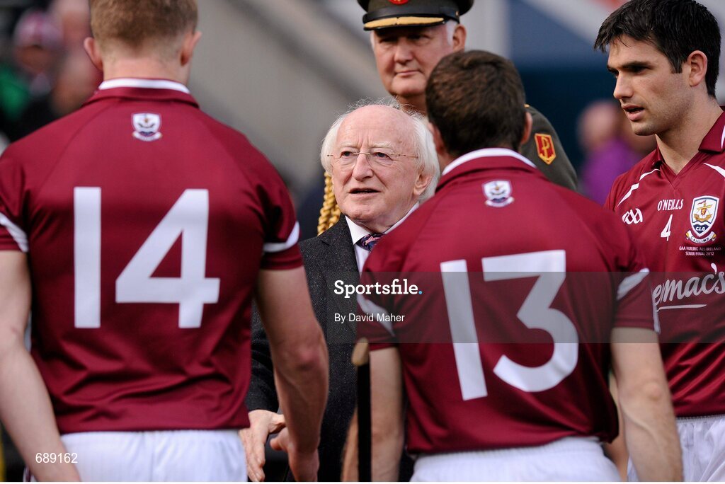 30 September 2012; President of Ireland Michael D Higgins, is introduced to members of the Galway team by team captain Fergal Moore, right. GAA Hurling All-Ireland Senior Championship Final Replay, Kilkenny v Galway, Croke Park, Dublin. Picture credit: David Maher / SPORTSFILE