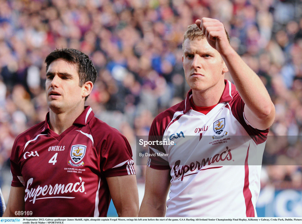 30 September 2012; Galway goalkeeper James Skehill, right, alongside captain Fergal Moore, swings his left arm before the start of the game. GAA Hurling All-Ireland Senior Championship Final Replay, Kilkenny v Galway, Croke Park, Dublin. Picture credit: David Maher / SPORTSFILE