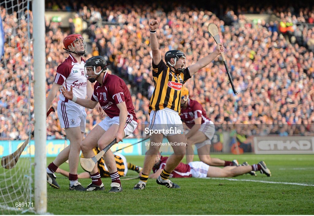 30 September 2012; Richie Hogan, Kilkenny, celebrates after team-mate Colin Fennelly scored his side's third goal. GAA Hurling All-Ireland Senior Championship Final Replay, Kilkenny v Galway, Croke Park, Dublin. Picture credit: Stephen McCarthy / SPORTSFILE