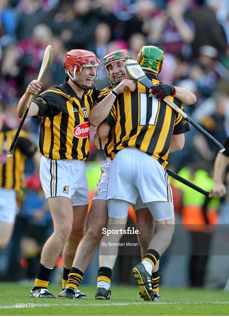 30 September 2012; Kilkenny captain Eoin Larkin, centre, celebrates with team-mates Cillian Buckley, left, and Richie Power at the final whistle. GAA Hurling All-Ireland Senior Championship Final Replay, Kilkenny v Galway, Croke Park, Dublin. Picture credit: Brendan Moran / SPORTSFILE
