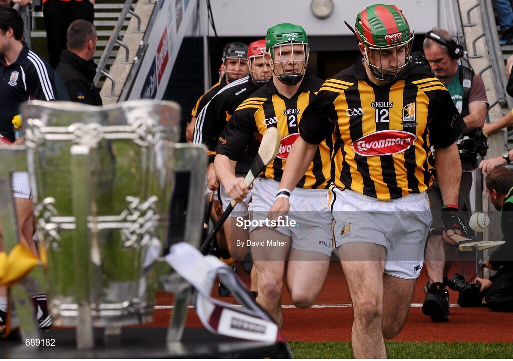 30 September 2012; Eoin Larkin, Kilkenny captain, leads the Kilkenny team out from their dressing room and pass the Liam MacCarthy cup before the start of the game. GAA Hurling All-Ireland Senior Championship Final Replay, Kilkenny v Galway, Croke Park, Dublin. Picture credit: David Maher / SPORTSFILE