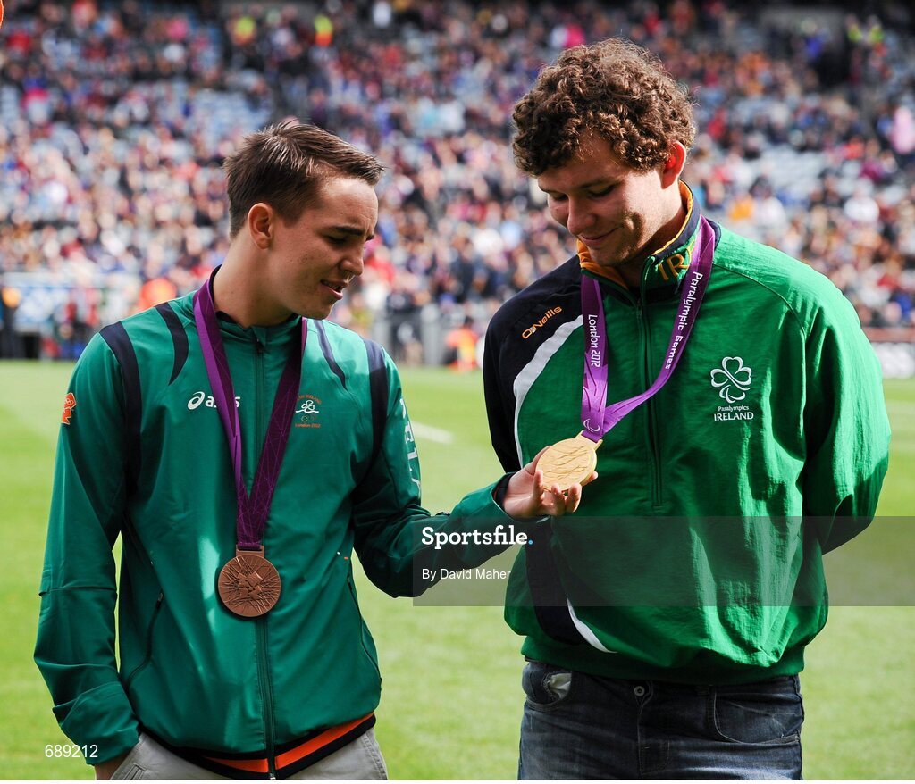 30 September 2012; Team Ireland boxer Michael Conlon, left, who won a bronze medal at the London 2012 Olympic Games, with Darragh McDonald, who won a gold medal at the London 2012 Paralympic Games before the start of the game. GAA Hurling All-Ireland Senior Championship Final Replay, Kilkenny v Galway, Croke Park, Dublin. Picture credit: David Maher / SPORTSFILE