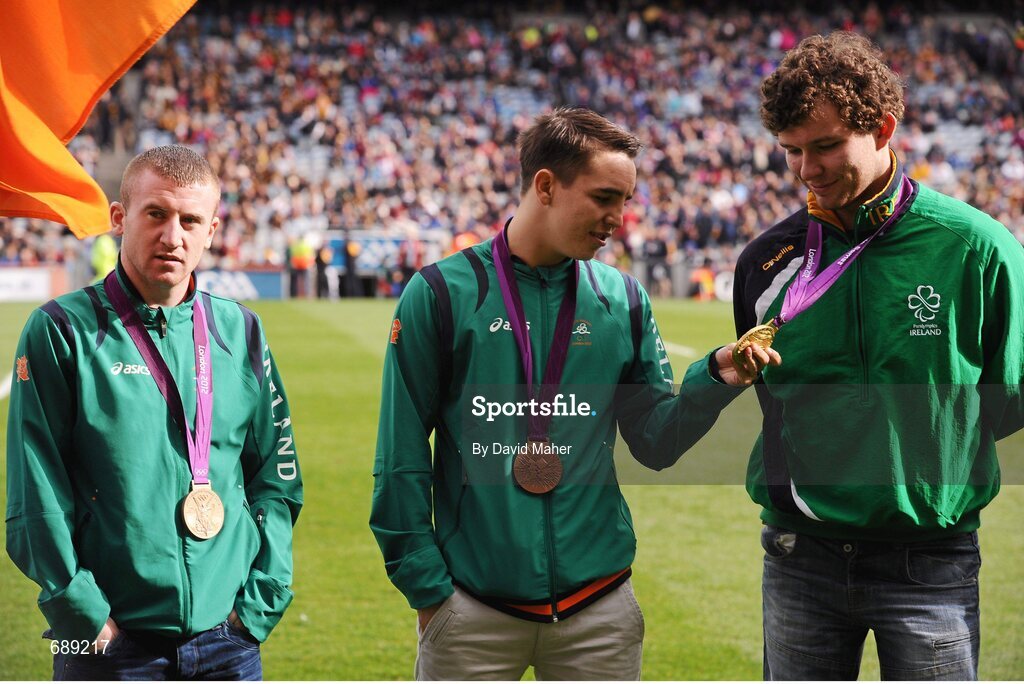30 September 2012; Team Ireland boxer Michael Conlon, centre, who won a bronze medal at the London Olympic games and Paddy Barnes, left, who also won a Bronze medal, with Darragh McDonald, who won a gold medal at the London 2012 Paralympic Games. GAA Hurling All-Ireland Senior Championship Final Replay, Kilkenny v Galway, Croke Park, Dublin. Picture credit: David Maher / SPORTSFILE