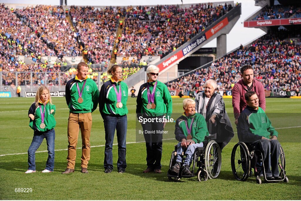 30 September 2012; Members of Team Ireland Paralympic team parade their medals which they won at the London 2012 Paralympic Games. GAA Hurling All-Ireland Senior Championship Final Replay, Kilkenny v Galway, Croke Park, Dublin. Picture credit: David Maher / SPORTSFILE