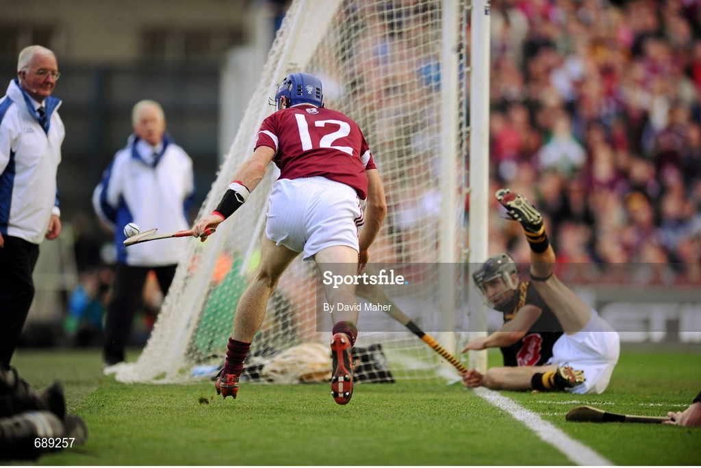 30 September 2012; Cyril Donnellan, Galway, has his shot saved by Kilkenny goalkeeper David Herity. GAA Hurling All-Ireland Senior Championship Final Replay, Kilkenny v Galway, Croke Park, Dublin. Picture credit: David Maher / SPORTSFILE