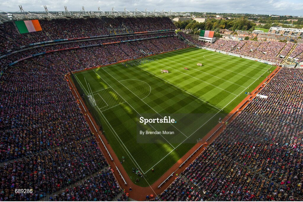 30 September 2012; The Kilkenny and Galway teams stand for Amhrán na bhFiann before the game. GAA Hurling All-Ireland Senior Championship Final Replay, Kilkenny v Galway, Croke Park, Dublin. Picture credit: Brendan Moran / SPORTSFILE
