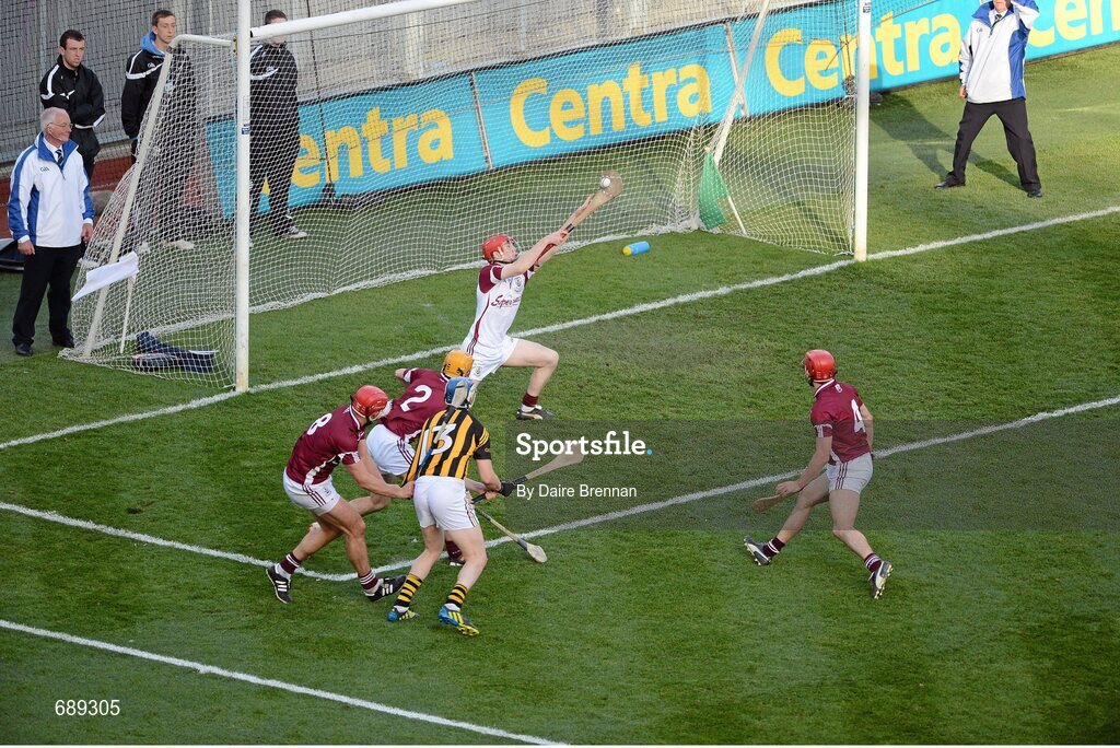 30 September 2012; TJ Reid, Kilkenny, has his shot saved by Galway goalkeeper Fergal Flannery, which subsequently fell to Walter Walsh, who scored his side's second goal. GAA Hurling All-Ireland Senior Championship Final Replay, Kilkenny v Galway, Croke Park, Dublin. Picture credit: Daire Brennan / SPORTSFILE