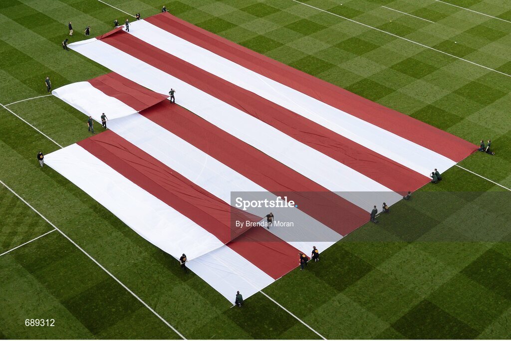 30 September 2012; A large flag depicting the Galway colours is removed from the pitch before the teams come out onto the pitch before the game. GAA Hurling All-Ireland Senior Championship Final Replay, Kilkenny v Galway, Croke Park, Dublin. Picture credit: Brendan Moran / SPORTSFILE