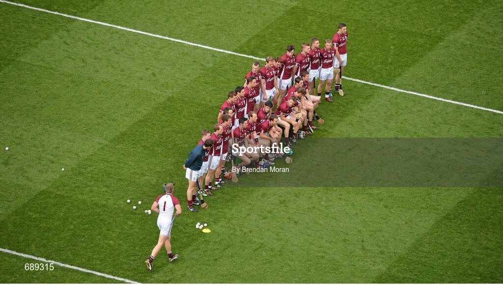 30 September 2012; Galway goalkeeper James Skehill runs in to take his place on the bench for the team photograph before the game. GAA Hurling All-Ireland Senior Championship Final Replay, Kilkenny v Galway, Croke Park, Dublin. Picture credit: Brendan Moran / SPORTSFILE