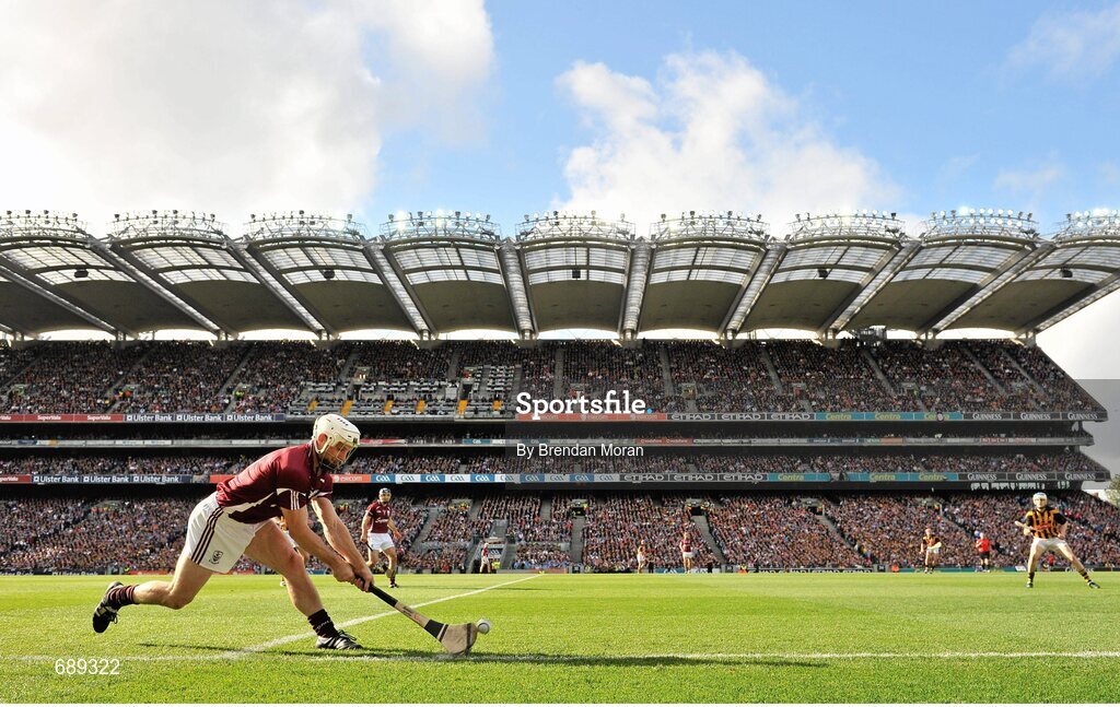30 September 2012; Galway's Andrew Smith takes a sideline cut during the game. GAA Hurling All-Ireland Senior Championship Final Replay, Kilkenny v Galway, Croke Park, Dublin. Picture credit: Brendan Moran / SPORTSFILE